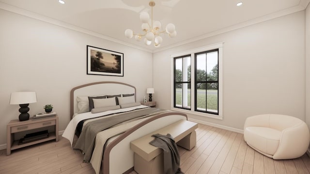 4935 Ward Bend Rd, Sealy, TX 77474 - bedroom featuring light wood-style floors, a chandelier, recessed lighting, and crown molding