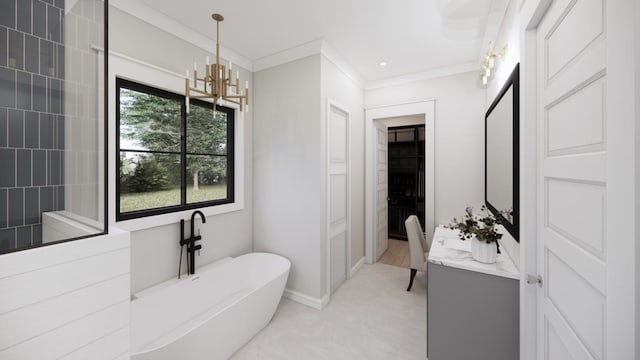 4935 Ward Bend Rd, Sealy, TX 77474 - full bath featuring a freestanding tub, a chandelier, and crown molding