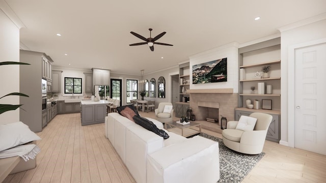 4935 Ward Bend Rd, Sealy, TX 77474 - living area with ceiling fan, a brick fireplace, recessed lighting, crown molding, and light wood-style floors