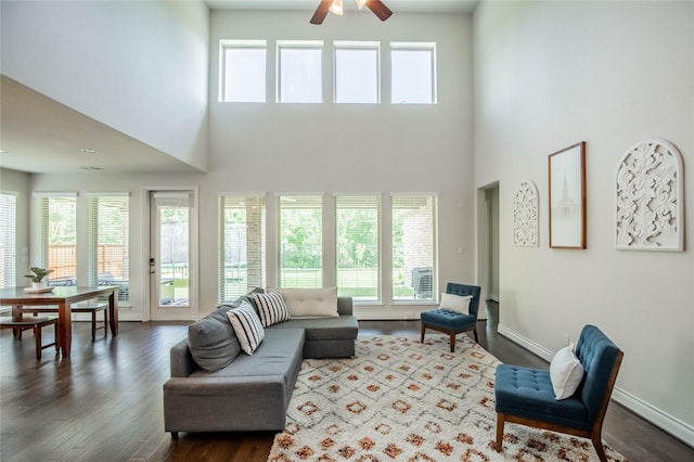 4209 Orchard Pass Dr, Spring, TX 77386 - living area featuring a towering ceiling, plenty of natural light, dark wood-type flooring, and ceiling fan