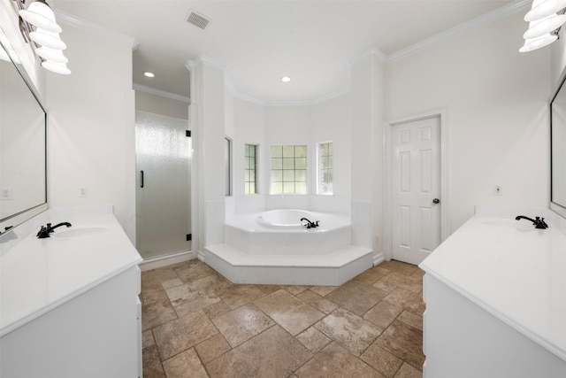 3207 W Benders Landing Blvd, Spring, TX 77386 - full bath featuring stone tile floors, vanity, a bath, crown molding, and a stall shower