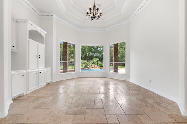 3207 W Benders Landing Blvd, Spring, TX 77386 - spare room featuring stone tile flooring, a towering ceiling, a chandelier, a tray ceiling, and crown molding