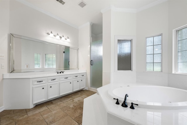 3207 W Benders Landing Blvd, Spring, TX 77386 - full bath featuring ornamental molding, vanity, a tub with jets, stone finish flooring, and a shower stall