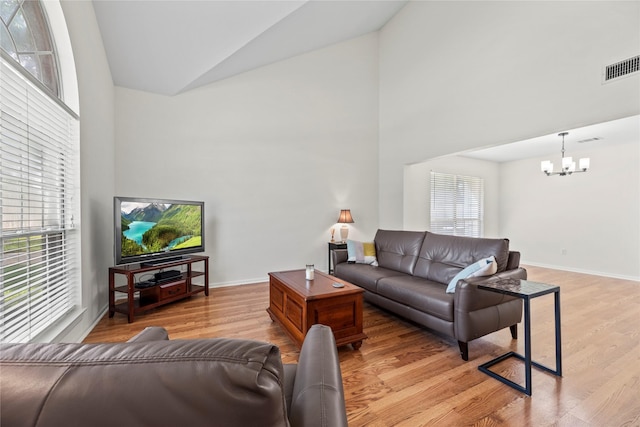 15207 Hillside Park Way, Cypress, TX 77433 - living area featuring a chandelier, high vaulted ceiling, and light wood-style flooring
