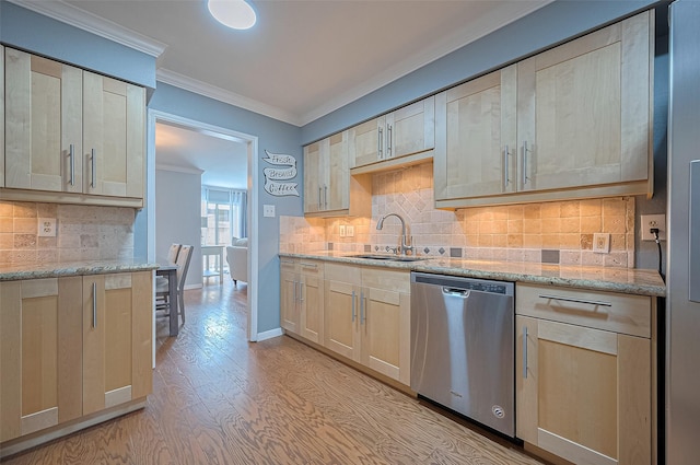 14666 Perthshire Rd Unit F, Houston, TX 77079 - kitchen featuring dishwasher, crown molding, light wood-style floors, light brown cabinetry, and light stone countertops