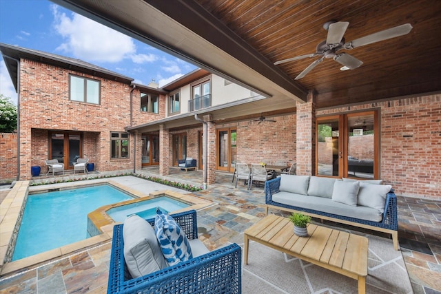 1851 Harold St, Houston, TX 77098 - view of swimming pool featuring an outdoor living space, french doors, ceiling fan, a patio area, and outdoor dining area