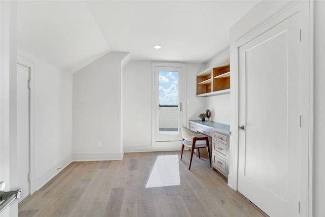 5439 Darling St, Houston, TX 77007 - office with built in desk, light wood-style flooring, lofted ceiling, and recessed lighting