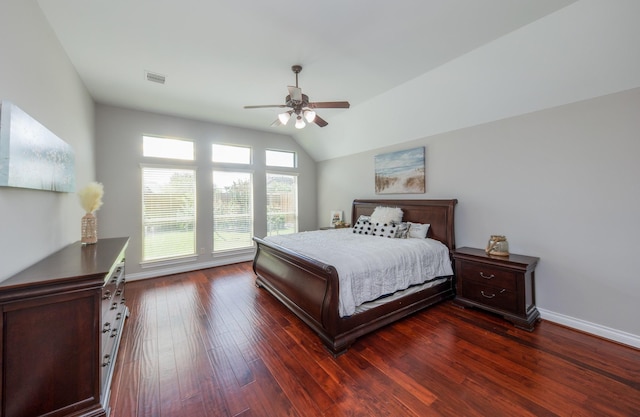 27907 Brandy Creek Ln, Fulshear, TX 77441 - bedroom featuring dark wood-style flooring, vaulted ceiling, and a ceiling fan