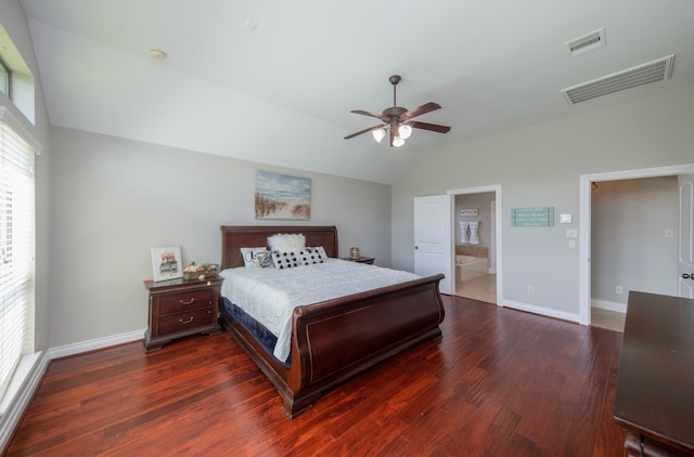 27907 Brandy Creek Ln, Fulshear, TX 77441 - bedroom featuring lofted ceiling, wood finished floors, ceiling fan, and ensuite bath