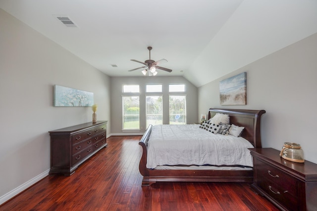 27907 Brandy Creek Ln, Fulshear, TX 77441 - bedroom with dark wood-style floors, lofted ceiling, and a ceiling fan
