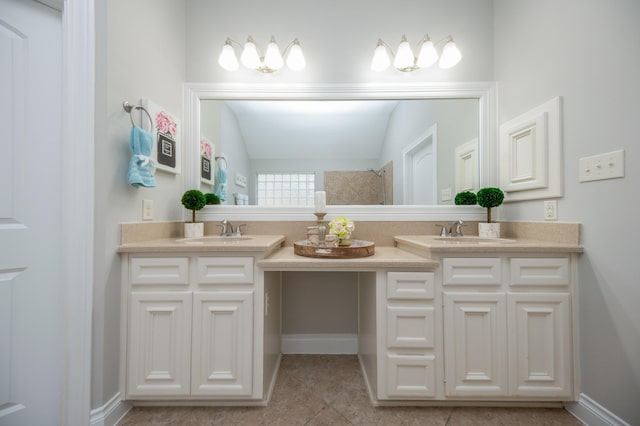 27907 Brandy Creek Ln, Fulshear, TX 77441 - full bath with double vanity, a shower, tile patterned floors, and lofted ceiling