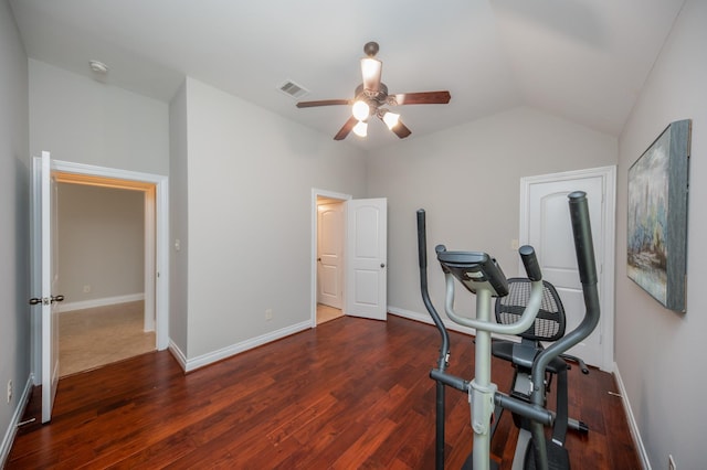 27907 Brandy Creek Ln, Fulshear, TX 77441 - workout room with ceiling fan, wood finished floors, and vaulted ceiling