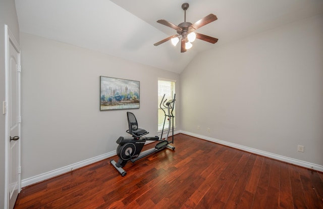 27907 Brandy Creek Ln, Fulshear, TX 77441 - workout room featuring ceiling fan, wood finished floors, and lofted ceiling