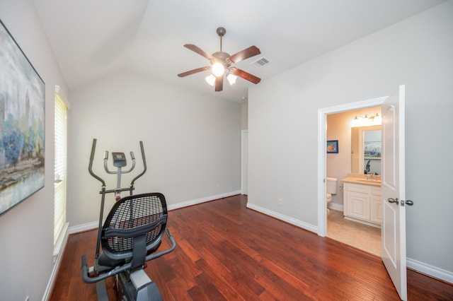 27907 Brandy Creek Ln, Fulshear, TX 77441 - workout area with ceiling fan, wood finished floors, and vaulted ceiling