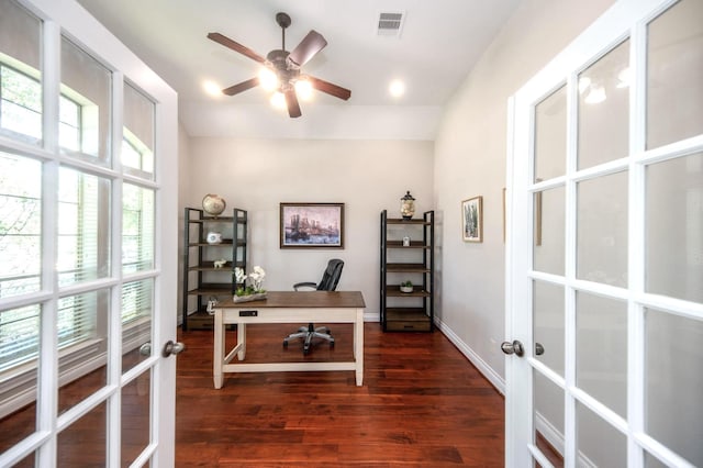 27907 Brandy Creek Ln, Fulshear, TX 77441 - office area with french doors, dark wood-style floors, and ceiling fan