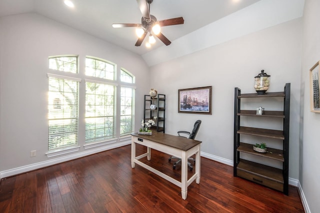 27907 Brandy Creek Ln, Fulshear, TX 77441 - office featuring vaulted ceiling, a ceiling fan, and wood-type flooring