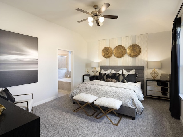 8619 Lake Groove Ln, Baytown, TX 77523 - bedroom with carpet flooring, vaulted ceiling, a ceiling fan, and ensuite bathroom