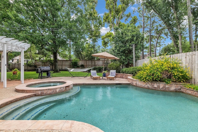 8723 Kennet Valley Rd, Spring, TX 77379 - view of swimming pool with a grill, a pergola, a fenced backyard, and a patio area