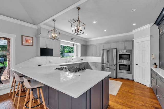 8723 Kennet Valley Rd, Spring, TX 77379 - kitchen featuring appliances with stainless steel finishes, gray cabinetry, a peninsula, light wood-style flooring, and tasteful backsplash