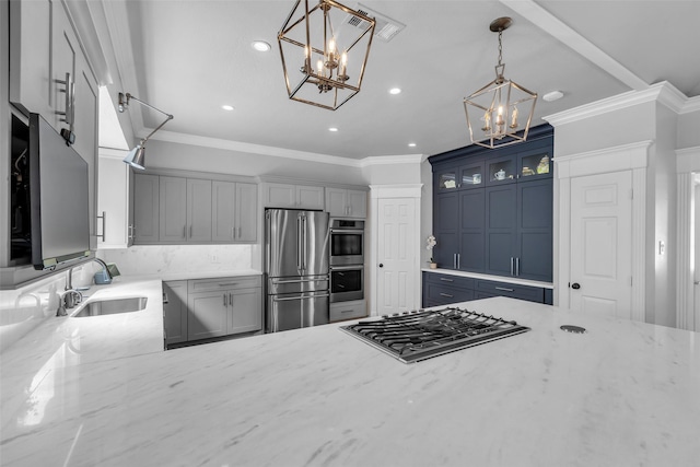8723 Kennet Valley Rd, Spring, TX 77379 - kitchen featuring stainless steel appliances, a chandelier, crown molding, light stone counters, and glass insert cabinets