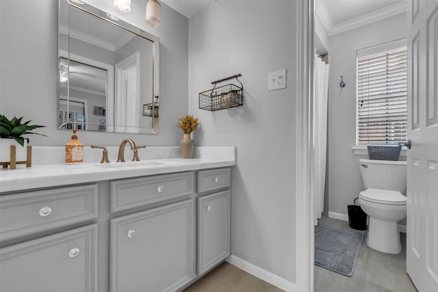 8723 Kennet Valley Rd, Spring, TX 77379 - bathroom with crown molding, vanity, tile patterned flooring, and a shower with curtain