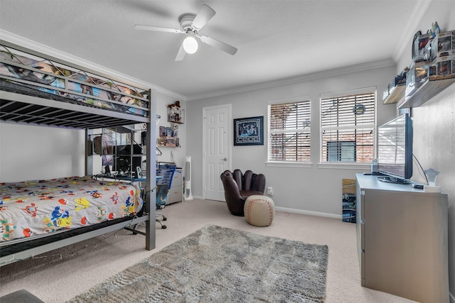 8723 Kennet Valley Rd, Spring, TX 77379 - carpeted bedroom with ornamental molding and a ceiling fan