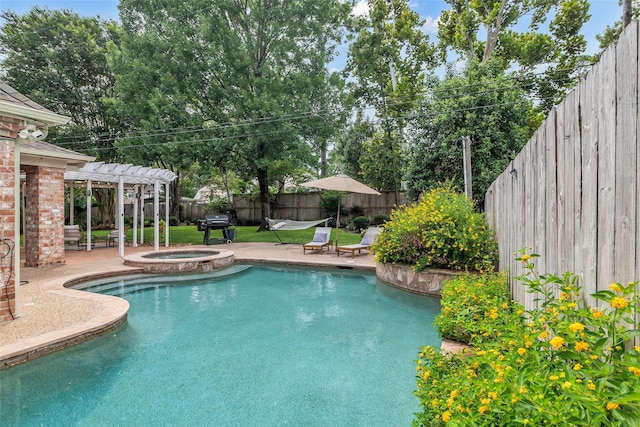 8723 Kennet Valley Rd, Spring, TX 77379 - view of pool with a pergola, a patio area, a fenced backyard, area for grilling, and a pool with connected hot tub