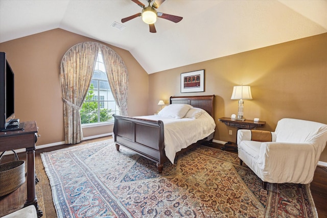 2019 Hazard St, Houston, TX 77019 - bedroom featuring lofted ceiling, wood finished floors, and ceiling fan
