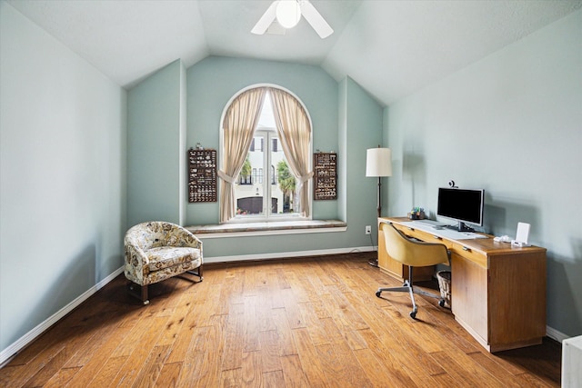 2019 Hazard St, Houston, TX 77019 - home office with ceiling fan, wood finished floors, and vaulted ceiling