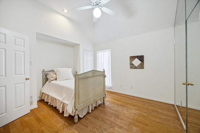 2019 Hazard St, Houston, TX 77019 - bedroom with lofted ceiling, light wood-type flooring, ceiling fan, and recessed lighting