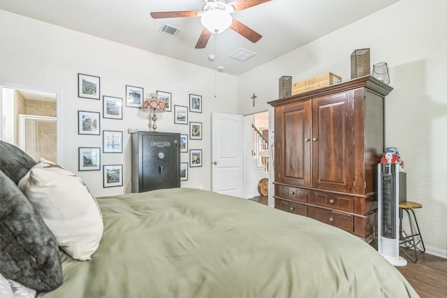12602 Browning Dr, Montgomery, TX 77356 - bedroom featuring wood finished floors, ceiling fan, and ensuite bathroom