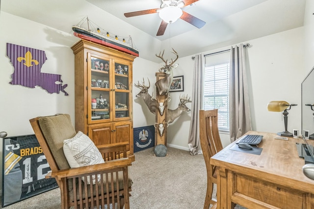 12602 Browning Dr, Montgomery, TX 77356 - home office with carpet floors, a ceiling fan, and lofted ceiling