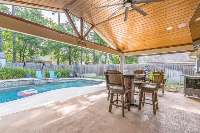 12602 Browning Dr, Montgomery, TX 77356 - view of swimming pool featuring a patio, a fenced backyard, ceiling fan, and outdoor dining space