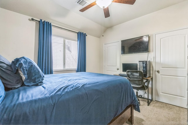 12602 Browning Dr, Montgomery, TX 77356 - bedroom with light carpet, lofted ceiling, and a ceiling fan