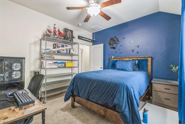 12602 Browning Dr, Montgomery, TX 77356 - carpeted bedroom featuring ceiling fan and lofted ceiling
