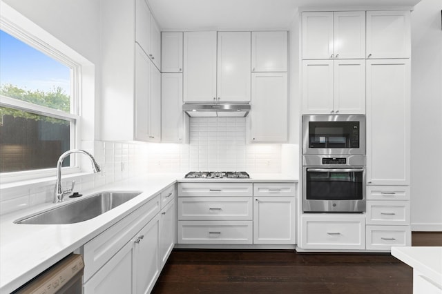 7722 Jacquelyn Oaks Rd, Houston, TX 77055 - kitchen featuring appliances with stainless steel finishes, white cabinetry, light countertops, and tasteful backsplash