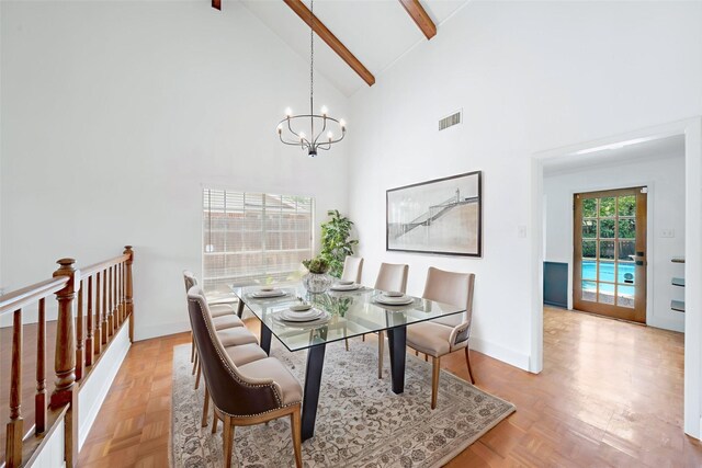 12239 Monticeto Ln, Meadows Place, TX 77477 - dining area featuring high vaulted ceiling, beam ceiling, and a chandelier