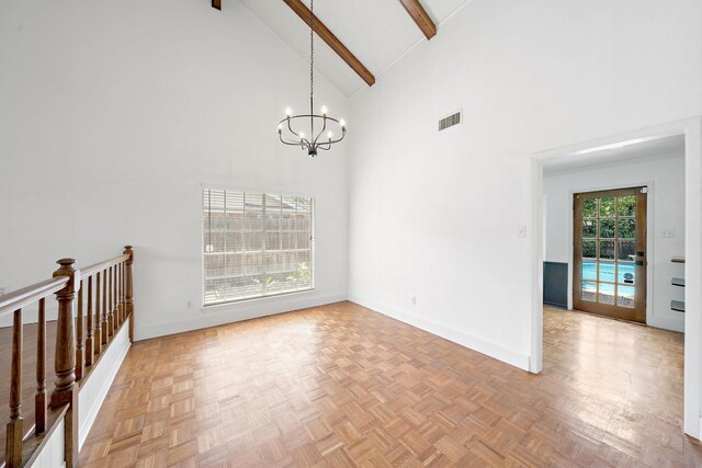 12239 Monticeto Ln, Meadows Place, TX 77477 - empty room featuring high vaulted ceiling, a chandelier, and beam ceiling