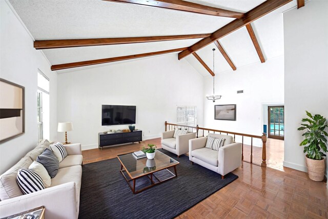 12239 Monticeto Ln, Meadows Place, TX 77477 - living area with plenty of natural light, high vaulted ceiling, and beamed ceiling