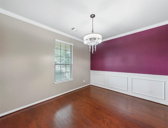 20015 Flax Flower Dr, Richmond, TX 77407 - unfurnished room with crown molding, wood finished floors, a chandelier, and a wainscoted wall
