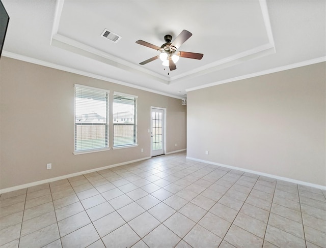 20015 Flax Flower Dr, Richmond, TX 77407 - unfurnished room featuring a raised ceiling, a ceiling fan, light tile patterned floors, and ornamental molding