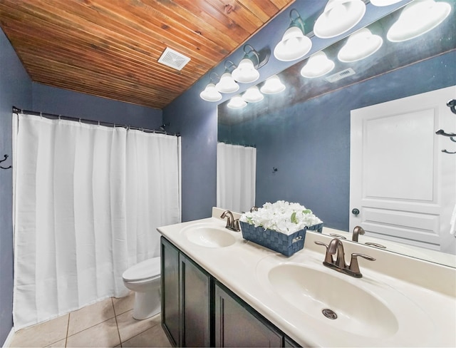 20015 Flax Flower Dr, Richmond, TX 77407 - full bathroom with wood ceiling, tile patterned floors, double vanity, and a shower with curtain