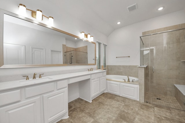14807 Providence Manor Way, Cypress, TX 77429 - bathroom with a bath, a stall shower, double vanity, lofted ceiling, and recessed lighting