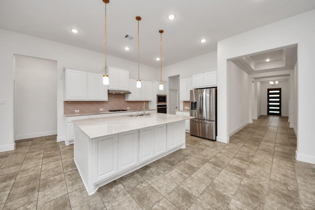 14807 Providence Manor Way, Cypress, TX 77429 - kitchen featuring stainless steel fridge with ice dispenser, black oven, built in microwave, backsplash, and under cabinet range hood