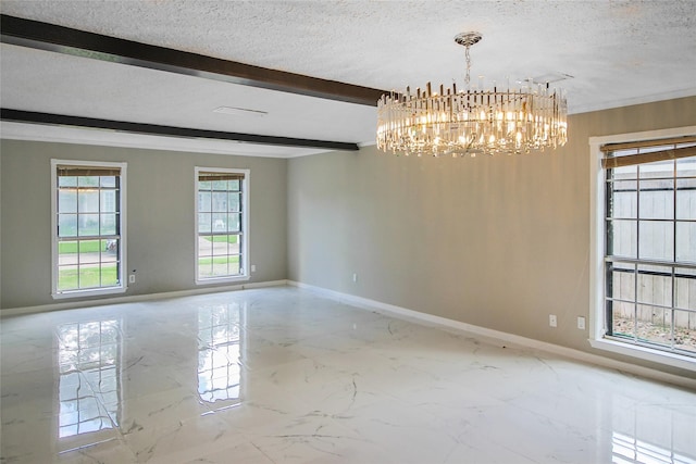 15102 Torry Pines Rd, Houston, TX 77062 - unfurnished room featuring a chandelier, marble finish flooring, a textured ceiling, beamed ceiling, and crown molding