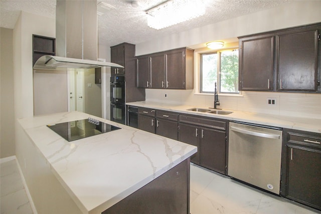 15102 Torry Pines Rd, Houston, TX 77062 - kitchen with black appliances, island exhaust hood, light marble finish floors, a textured ceiling, and dark brown cabinets