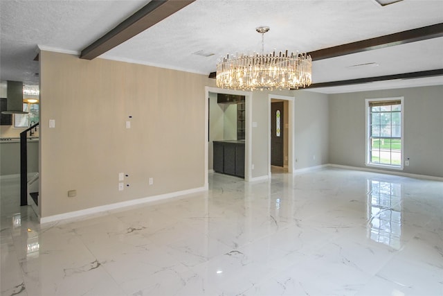 15102 Torry Pines Rd, Houston, TX 77062 - unfurnished room with beamed ceiling, a chandelier, light marble finish floors, a textured ceiling, and crown molding