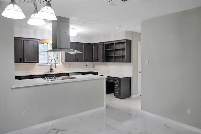 15102 Torry Pines Rd, Houston, TX 77062 - kitchen featuring island range hood, open shelves, tasteful backsplash, a textured ceiling, and light countertops