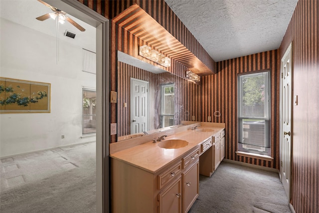 12223 Gladewick Dr, Houston, TX 77077 - full bathroom featuring double vanity, a ceiling fan, and a textured ceiling