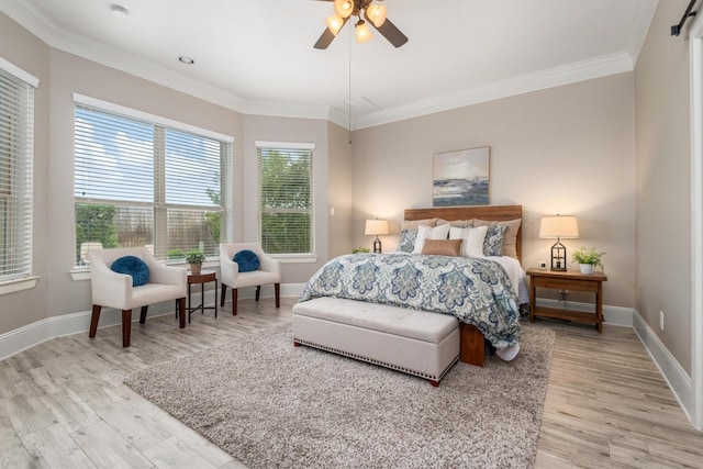 12919 Arlington Meadows Ln, Tomball, TX 77377 - bedroom with light wood-type flooring, crown molding, and ceiling fan